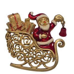 CHRISTMAS Elegant Gold TONE and Red Santa Sleigh Brooch By Gold Crown Vintage